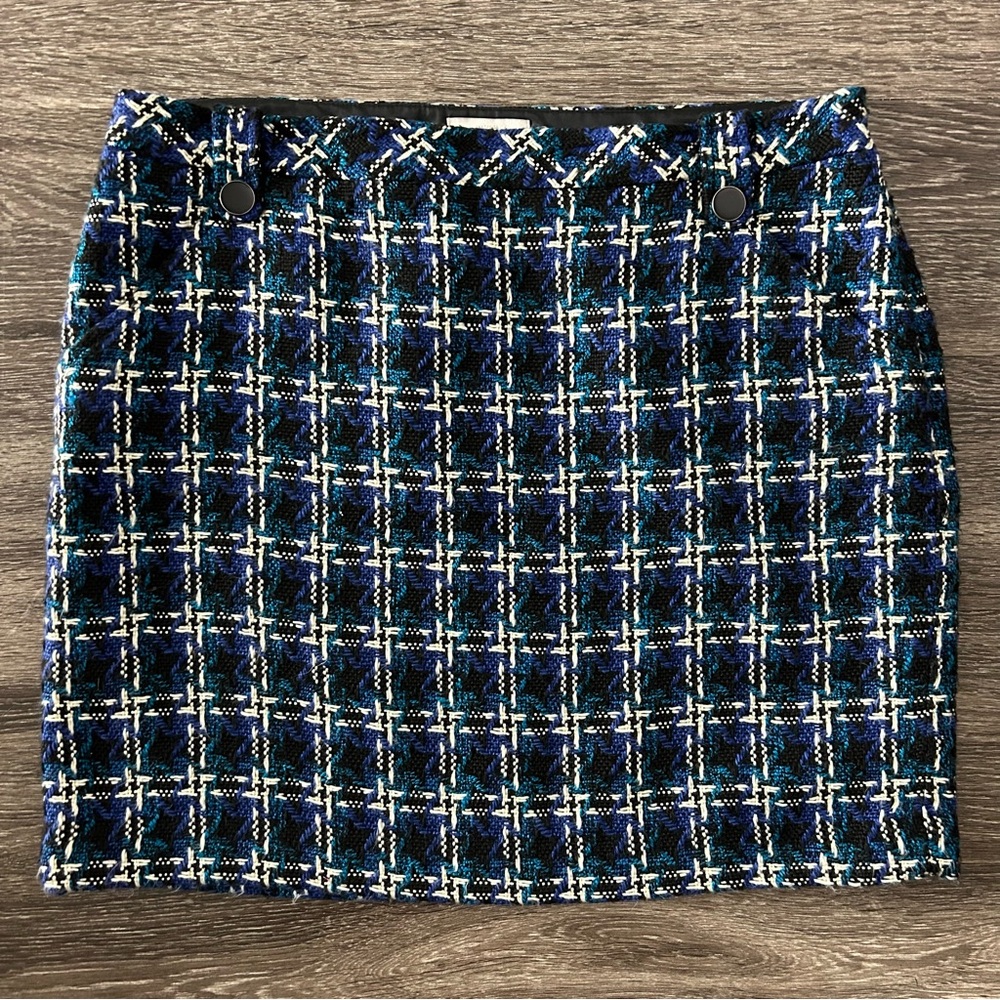 LOFT Petite Size 12 Plaid Tweed Mini Skirt Blue Black White Preppy Academia NWT